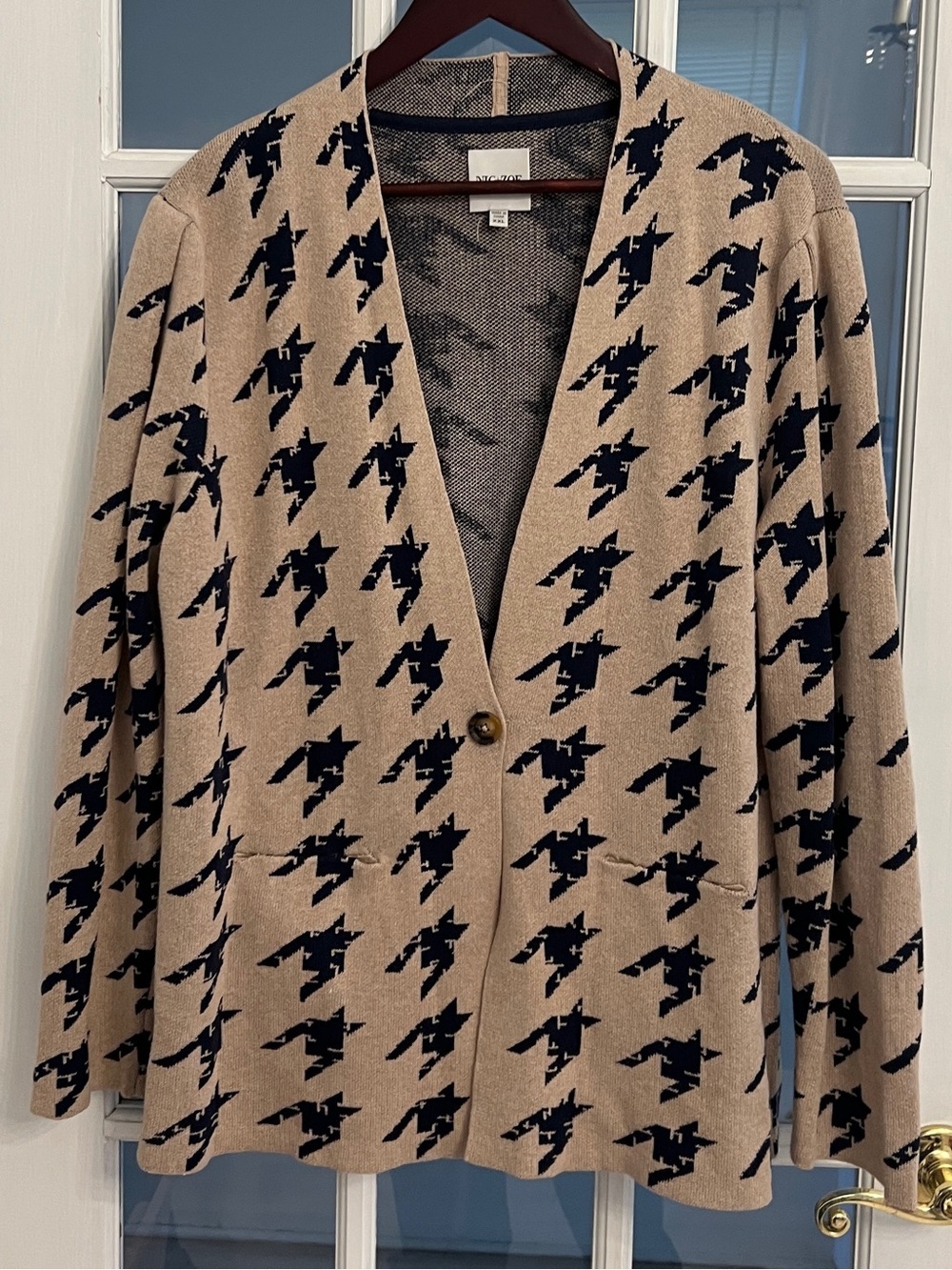 NIC+ZOE Women’s Beige Navy Houndstooth Jacquard Knit Cardigan Jacket XXL